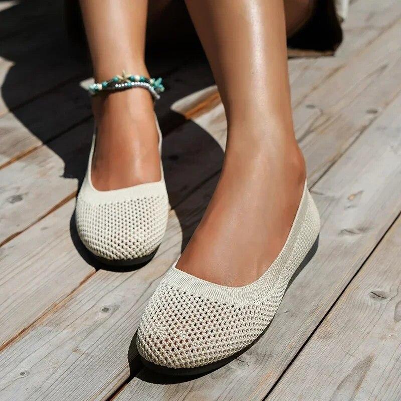 2024 frauen Flache Schuhe Frühling und Herbst Neue Mode Runde Kappe Flache Schuhe Atmungsaktivem Mesh Casual Barfuß Schuhe 38 beige