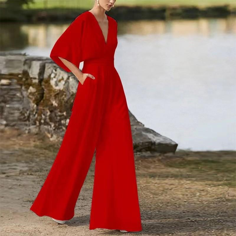 GMXIA Frühling Sommer Einfarbiger Mode Strampler mit Strickjacke Mittlere Taille Temperament Pendler Strampler XXL rot