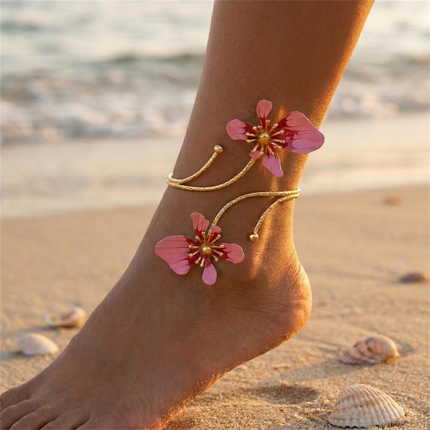 Elegantes Emaille-Blumen-Schmetterlings-Fußkettchen für Damen Vergoldet Rosa Weiß Floral Armband am Bein Strand Barfuß Sandale Bein Schmuck brown