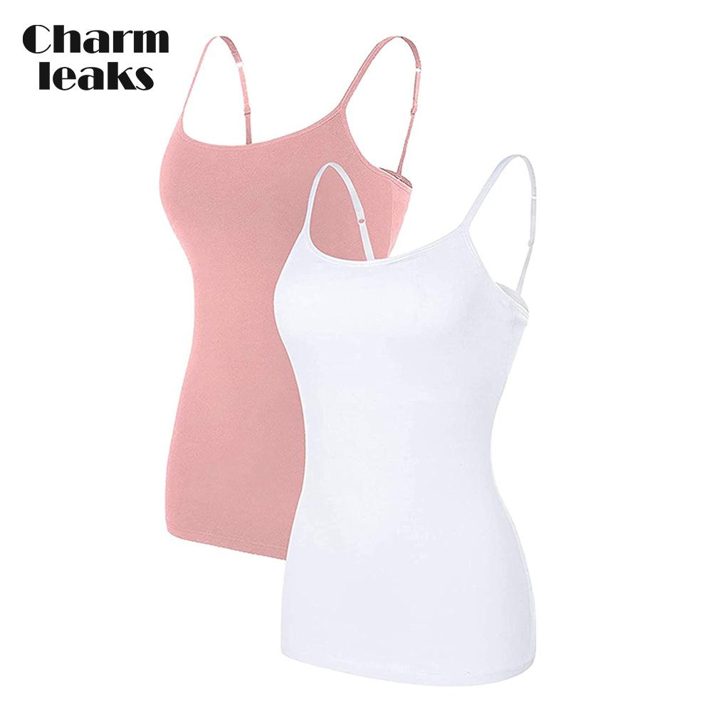 Charmleaks Damen-Unterhemd aus Baumwolle, Damenunterwäsche, Nachtwäsche, Unterwäsche, Hebe-BH, solides Basic-Tanktop, 2er-Pack L weiß/lachs