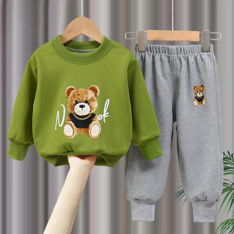 Jungen- und Mädchenanzüge, Kinderfrühlings- und Herbstpullover, Zweiteilige koreanische Version von hübscher Kinderkleidung für das mittlere Alter 120 olivgrüne