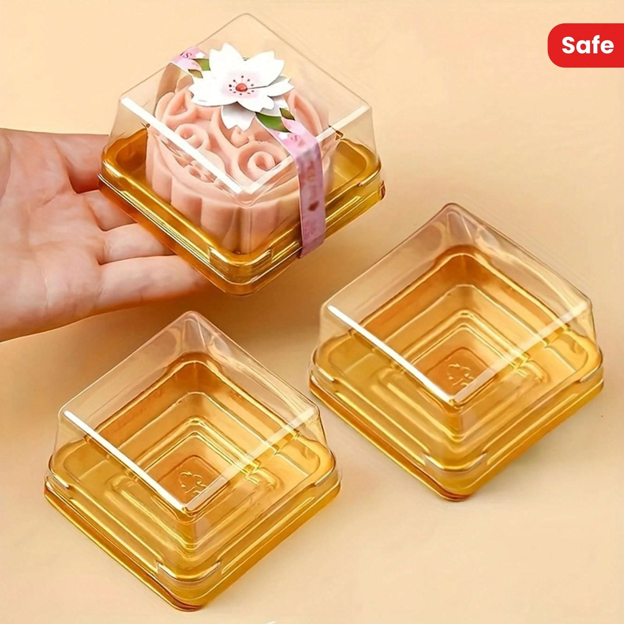 50 Stück Quadratische Kuchenboxen mit transparenten Deckeln, PP-Material, Handgefertigt, Außengeeignet, Geeignet für Mondkuchen, Pralinen, Kekse Backzubehör gold