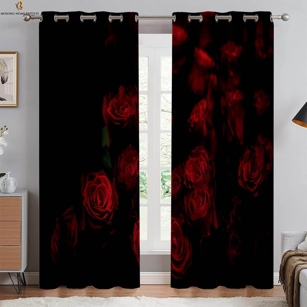 Vorhänge mit floralem Schmetterlingsdruck Retro-Rotrosenmuster Vorhänge Geeignet für Schlafzimmer Wohnzimmer Küche Dekorative Vorhänge W50xH160(CM)x2PCS&Rod pocket