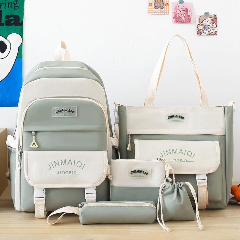Schulrucksack für Kinder, Grundschüler, Rucksack mit Farbblockmuster, Rucksack für Mittelschüler, fünfteiliger Rucksack white