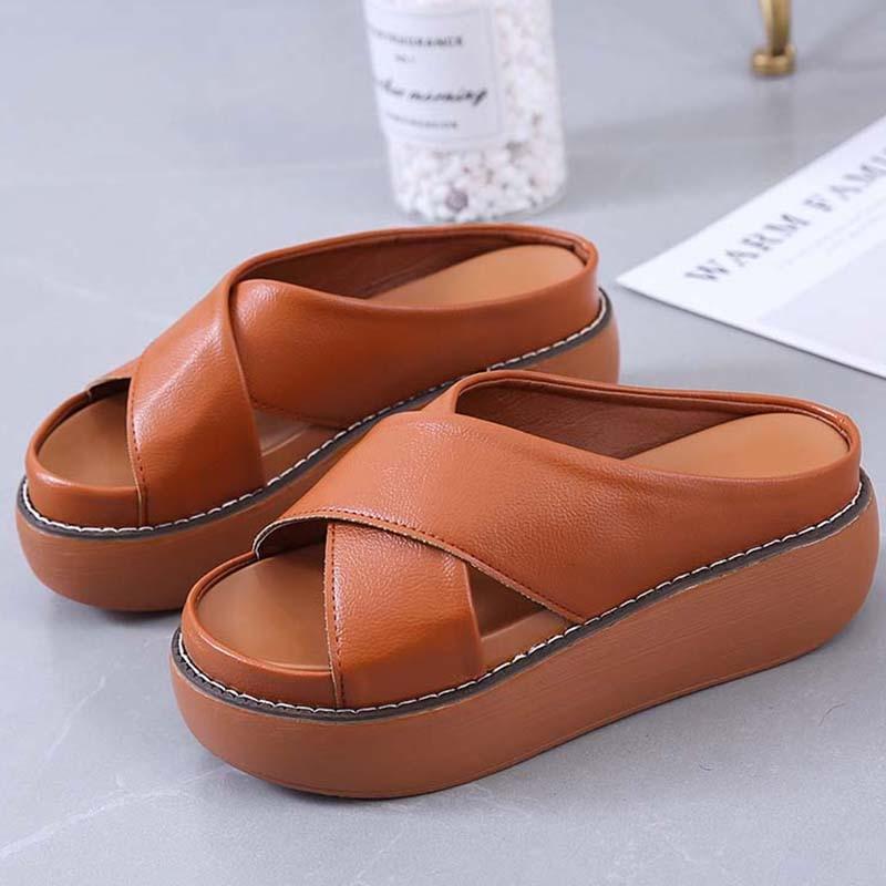 Frauen Sandalen Vintage Frauen Plattform Sandalen Nicht-Slip Dicken Boden Damen Schuhe Casual Frauen Hausschuhe Strand Rutschen Weibliche Schuhe 38 braun