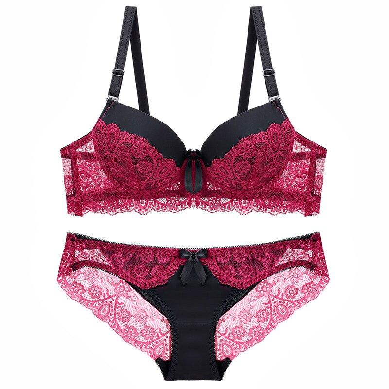 Neue 2022 Sexy Spitze Perspektive Bh Set Push-Up Sexy Dessous Set AB Cup Bh Panty Set 75B rot