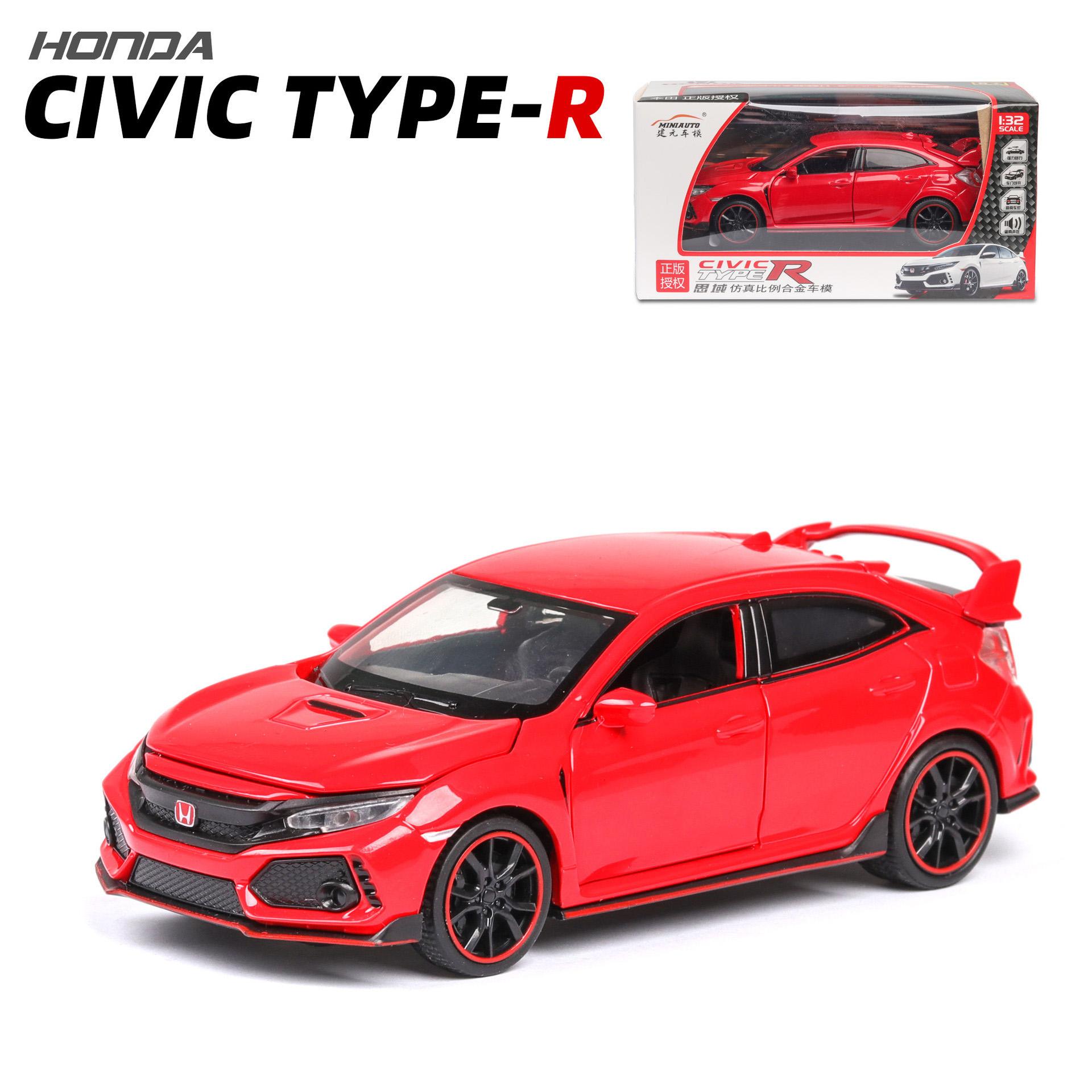 1:2017 Honda Civic Type-R Modellauto aus Druckguss, Maßstab 32, mit offenen Türen, Licht und Sound, für Kinder, Jungen, Mädchen, Erwachsene, Herren, Sammlung 1/32-15x6.5x5cm rot