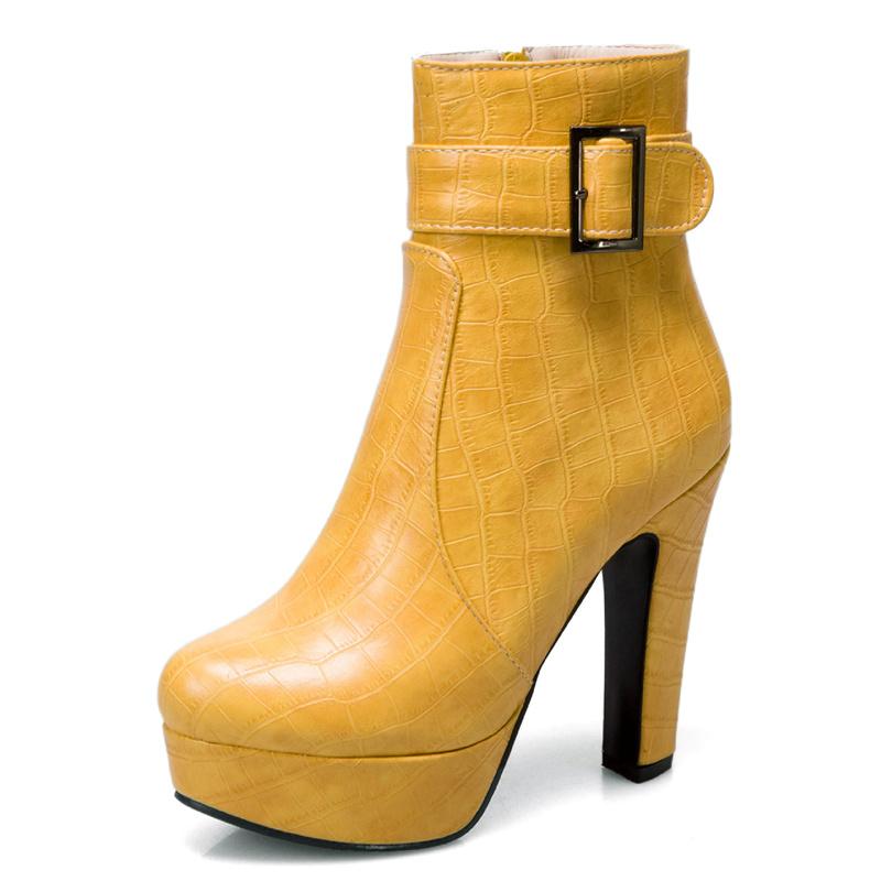 Herbst Winter Damen Stiefeletten Plateau Fashion Heel Kurze Stiefel Damen Schnalle Rot Gelb Blau Sexy Damen Schuhe Große Größe 45 37 gelb