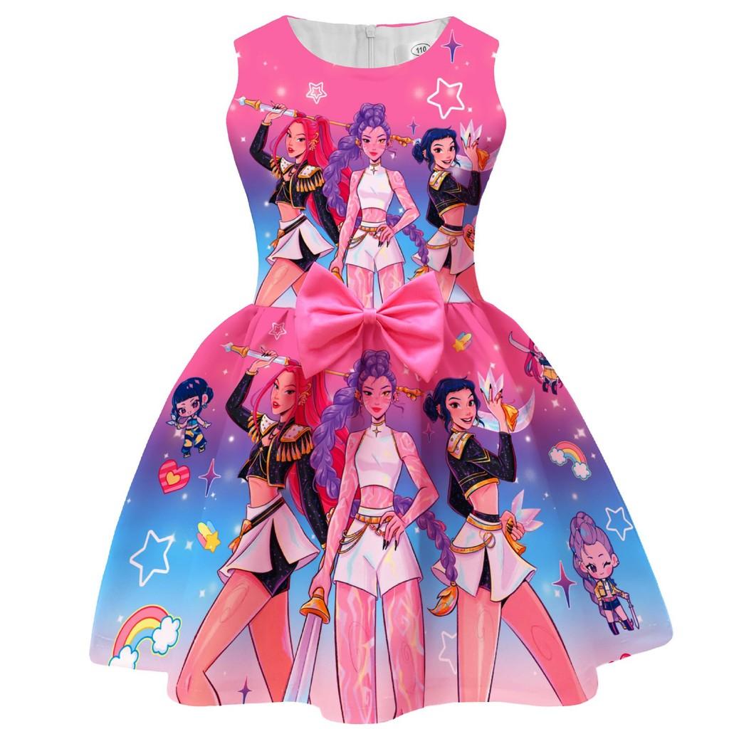 Kinder Mädchen Anime Cartoon KPop Super Star Sängerin Gedruckt Ärmellos Schleife Lässig Party Prinzessinnenkleid Halloween Cosplay Kostüme 100