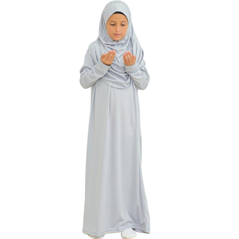 Gebetskleid für Kinder, muslimische Kleidung für Mädchen, langärmelig, Abaya mit Hijab, zweiteiliges Maxi-Islamisches Set, Schal, Kaftan, Jilbab grau