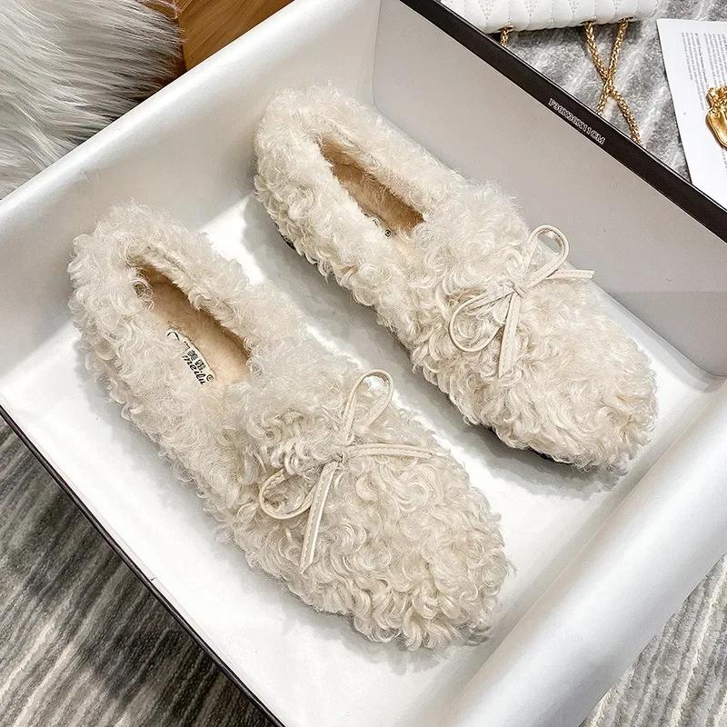 Mode Damen Winter Fellschuhe Neue Mokassins Weiche Flache Rutschfeste Slipper Mode Komfort Warm Plüsch Slip-on Damen Baumwolle Ballerinas 42 weiß