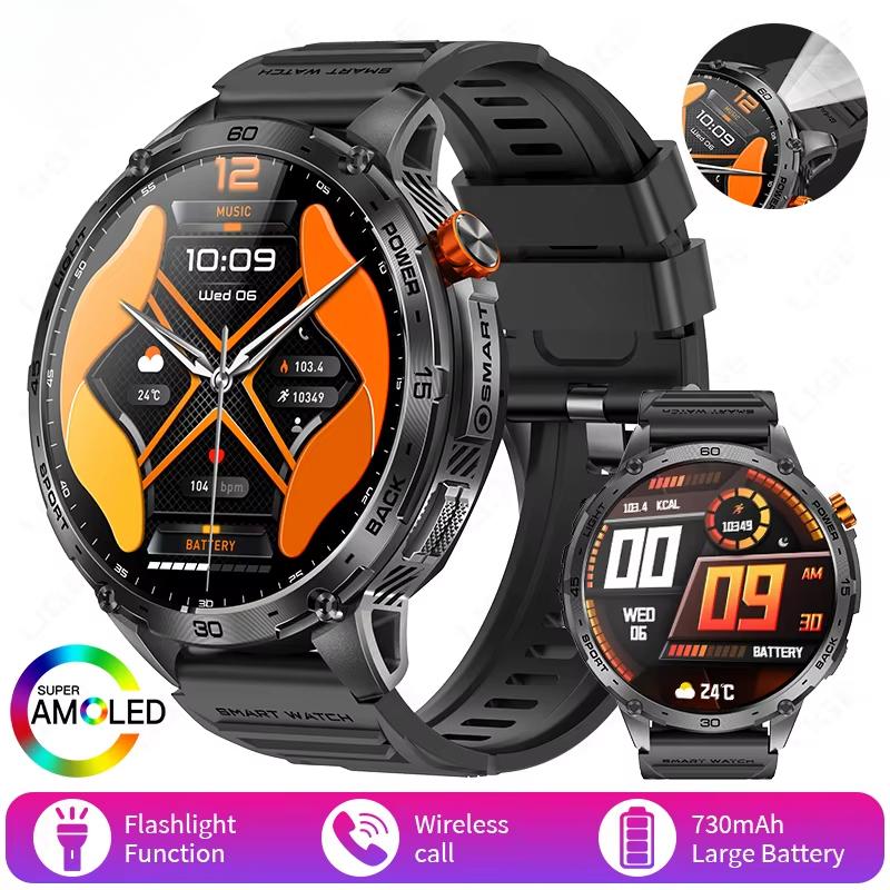 2025 Neue Militär-Smartwatch Herren 730mAh Großer Akku Taschenlampe AMOLED HD-Display 3ATM Wasserdicht Outdoor-Sport Smartwatch Silicone schwarz