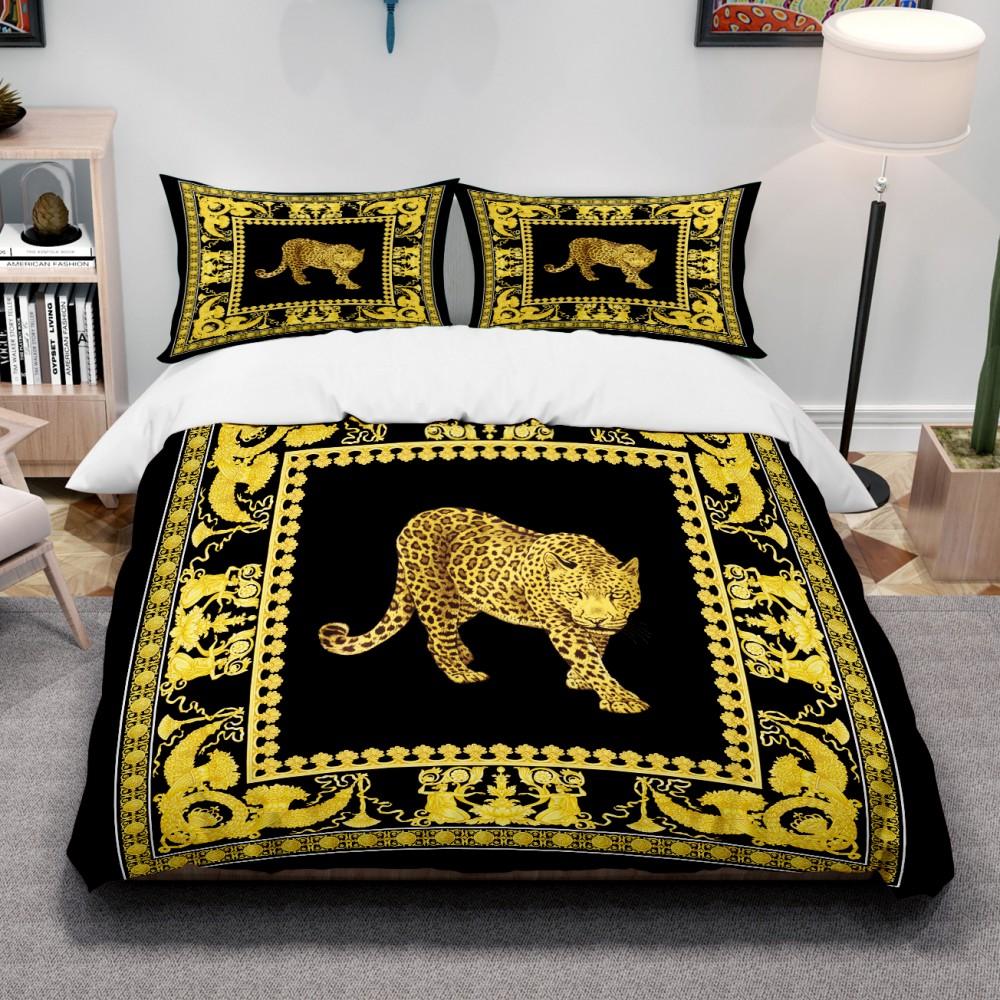 Luxuriöses, modernes Bettwäsche-Set aus Baumwollstoff mit Digitaldruck in Goldoptik, bestehend aus Bettbezug, Spannbettlaken und Kissenbezügen. Heimtextilien AU Queen(210x210cm)