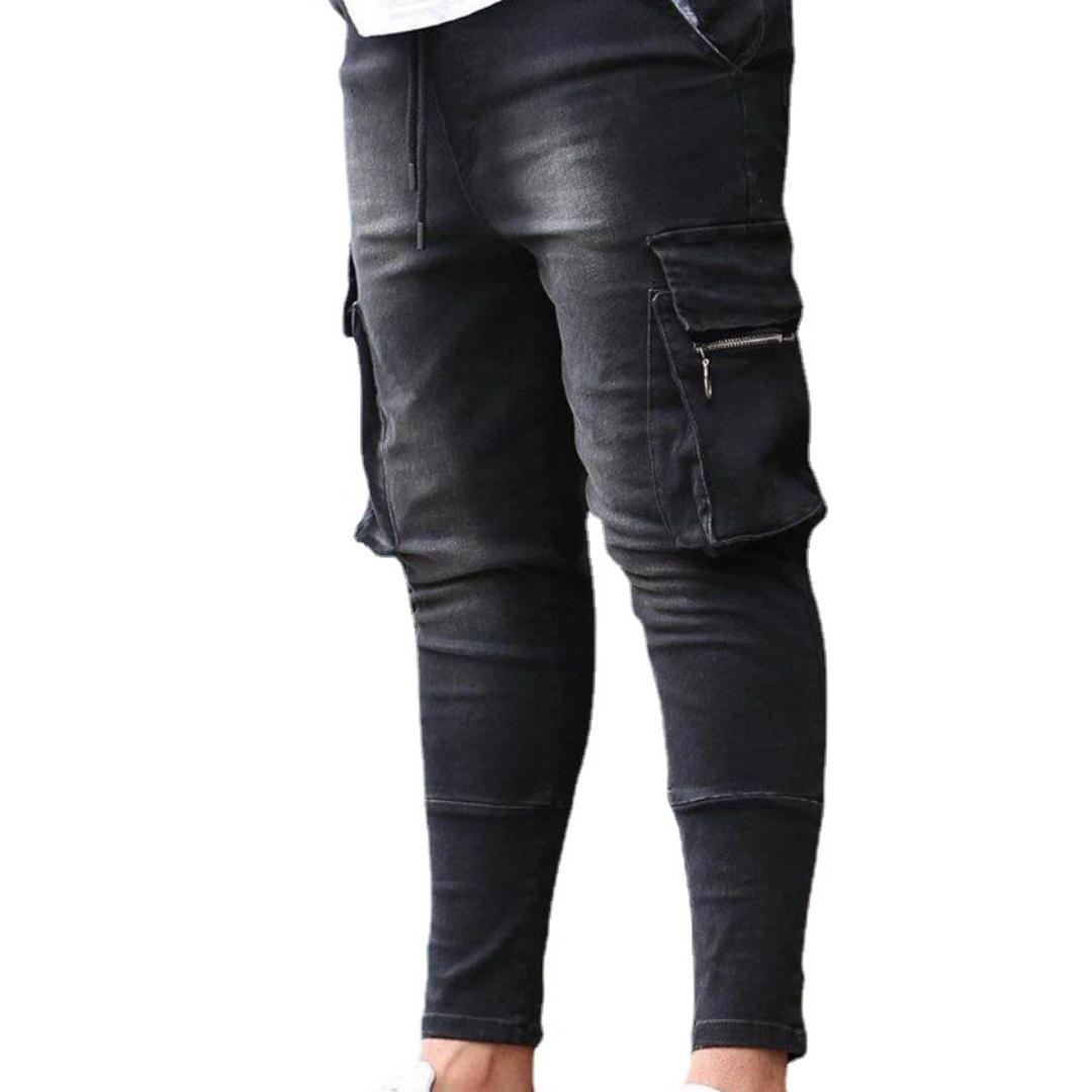 Herren-Jeans mit mehreren Taschen, Stretch, Reißverschluss, Dekoration, Arbeitskleidung, Jeans, Neu M schwarz