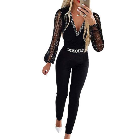 Damen-Overall, Strass, durchsichtiges Mesh-Kettendekor, schmale Passform, V-Ausschnitt, hohe Taille, einfarbig, formeller Pendler-Stil, langer Overall M schwarz