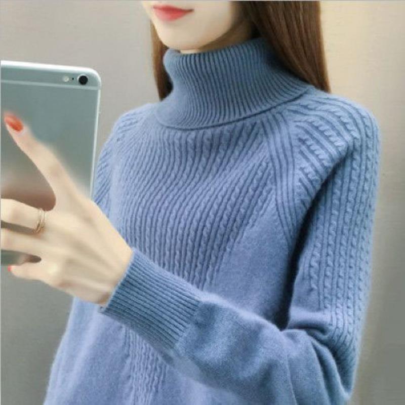 High Neck Pullover Pullover Frauen 2023 Lose Herbst/Winter Frauen Unterlage Langarm Solide Strick Pullover Pullover Weibliche One Size blau