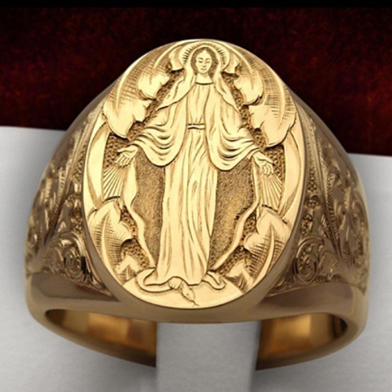 Eleganter Unisex-Ring in Gelbgoldfarbe für Männer Schmuckgeschenk Jungfrau Maria Segnungsabzeichen Handgeschnitzter religiöser Ring 8
