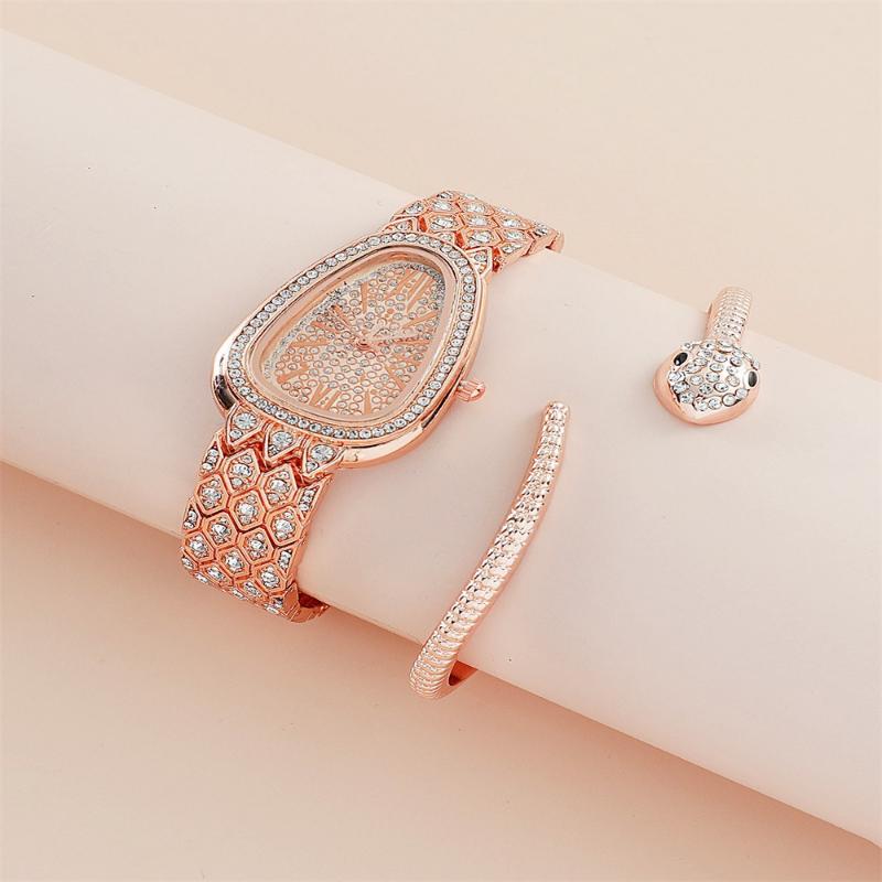 2 teile/satz Frauen Quarz Schlange Strass Uhr Armband Armbanduhren hellrosa