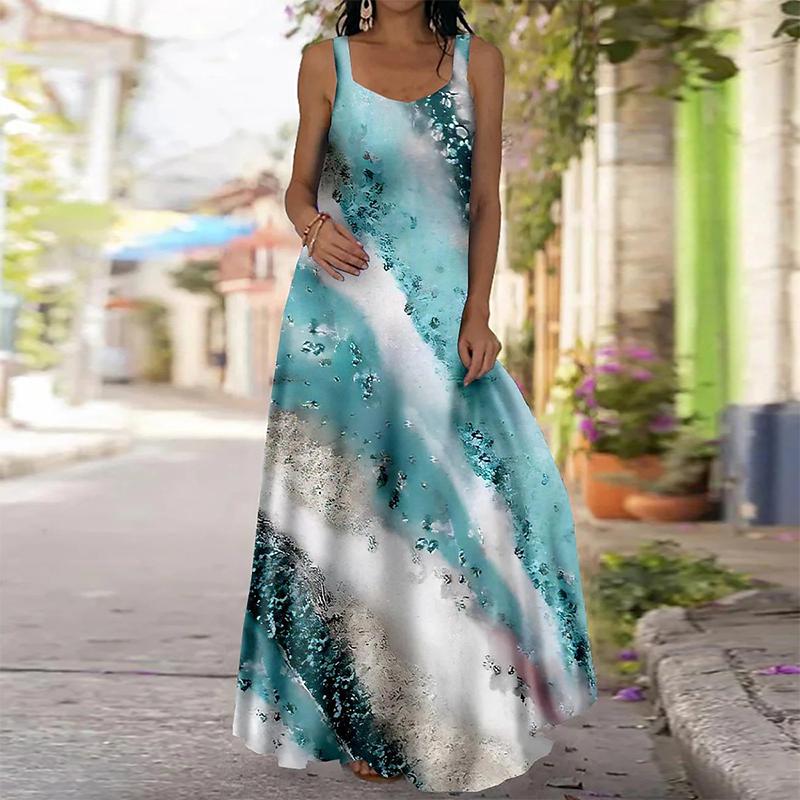 Damen Slip-Kleid Maxi Langes Kleid Blaues Wassertropfen-Print-Kleid Frühling & Sommer V-Ausschnitt Freizeit Urlaub 8XL blau