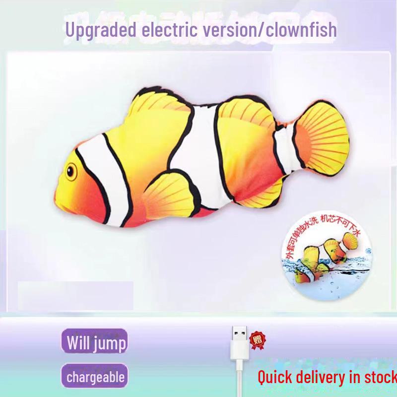 Elektrisches Katzenspielzeug „Springender Hummer“ – per USB wiederaufladbares Plüschspielzeug clownfish, regular edition, USB charging cable
