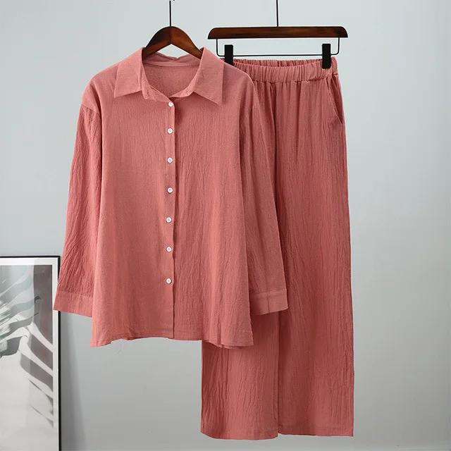 Damen Muslim Set Weite Hosen Set Zweiteiliges Set Leinen Knöpfe Hemd Anzug Ramadan Eid Dubai Ensemble Arabische Outfits XL rosa