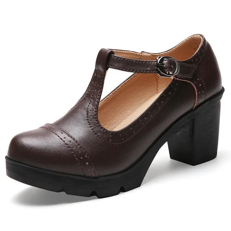 Mode Mode Britischer Stil Runde Zehen Mary Jane Schuhe Leder Ausgeschnitten Quadratische Absätze Plateau Retro Damen Tanzschuhe 38 dunkelbraune