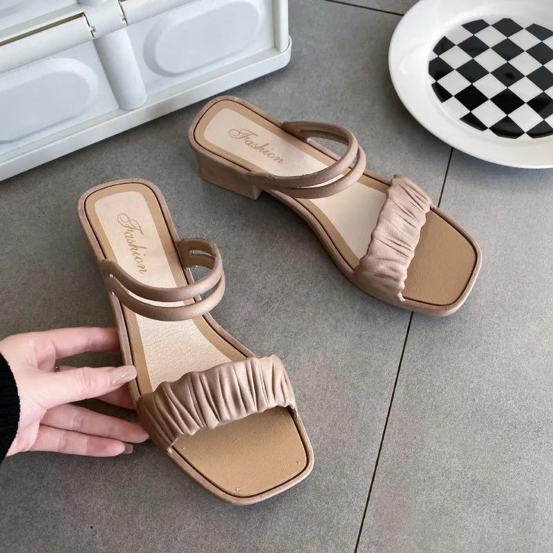 Sommer Damen Sandalen Große Größe Dual-Use-Oberbekleidung Halbe Hausschuhe Einfarbig All-Match Dicke Sandalen mit niedrigem Absatz 40-41 khaki