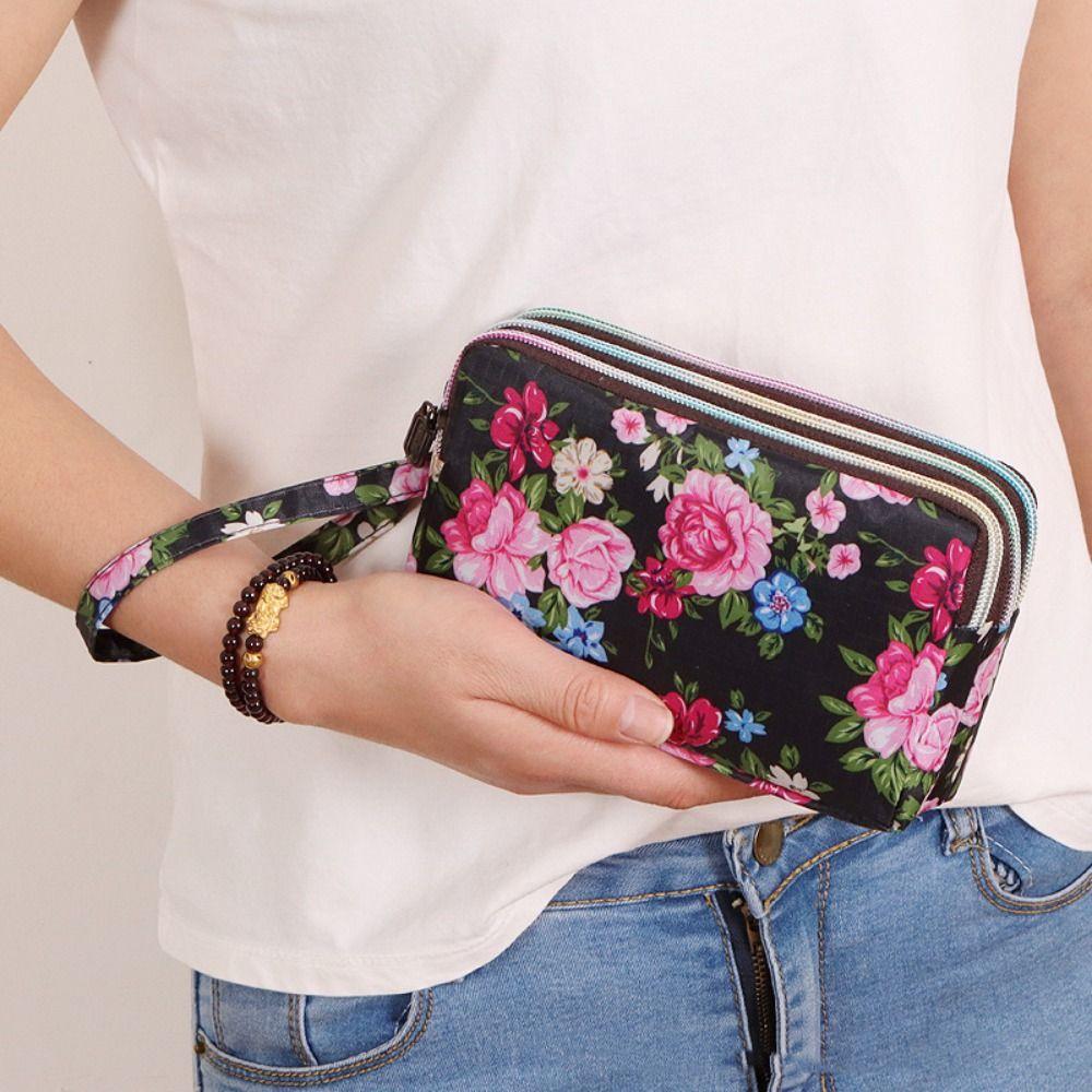 Wasserdichte Canvas Geldbörse Stoff Handy Geldbörse Drei Reißverschlusstaschen Retro Blume Münzbörse Damen KTY K