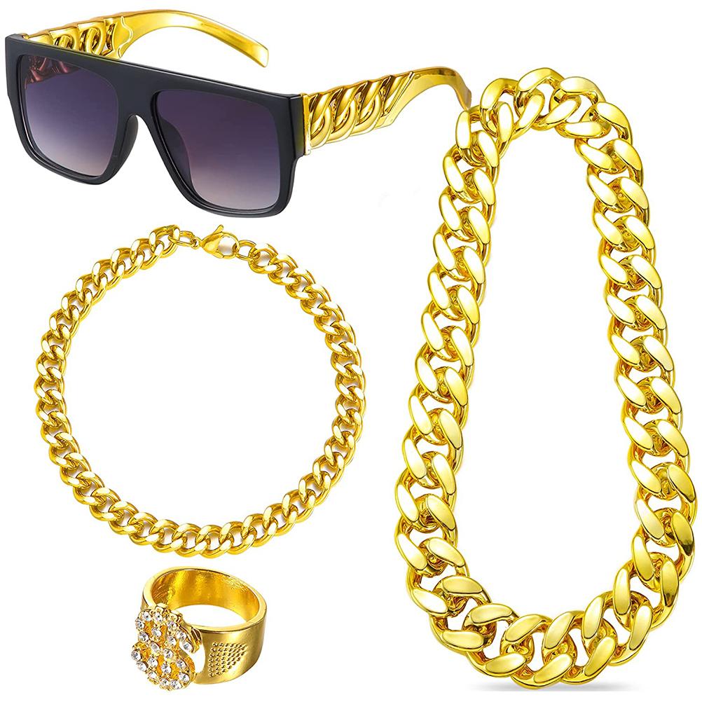 80er 90er Kostüme Outfit Punk Goldkette Halskette Armband Brille Ring Hip Hop 80er 90er Kostüme gold