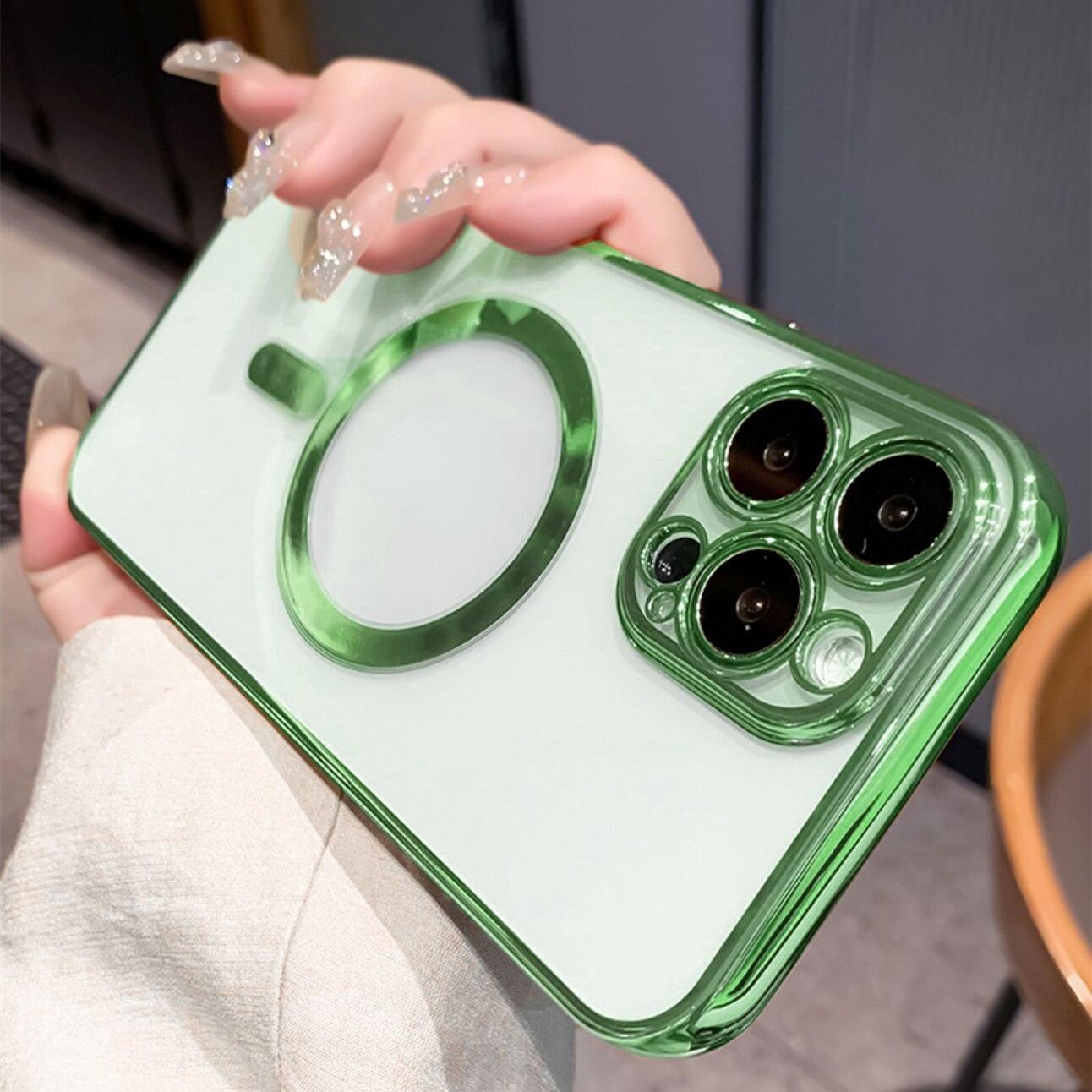 Luxus Galvanisiert Magnetisch Kabellos Laden Handyhülle für IPhone 17 16 15 Pro Max 13 14 12 11 Pro Max XS X XR 8 Plus Klar Weiches Silikon Stoßfest Hülle iPhone 17 pro max grün