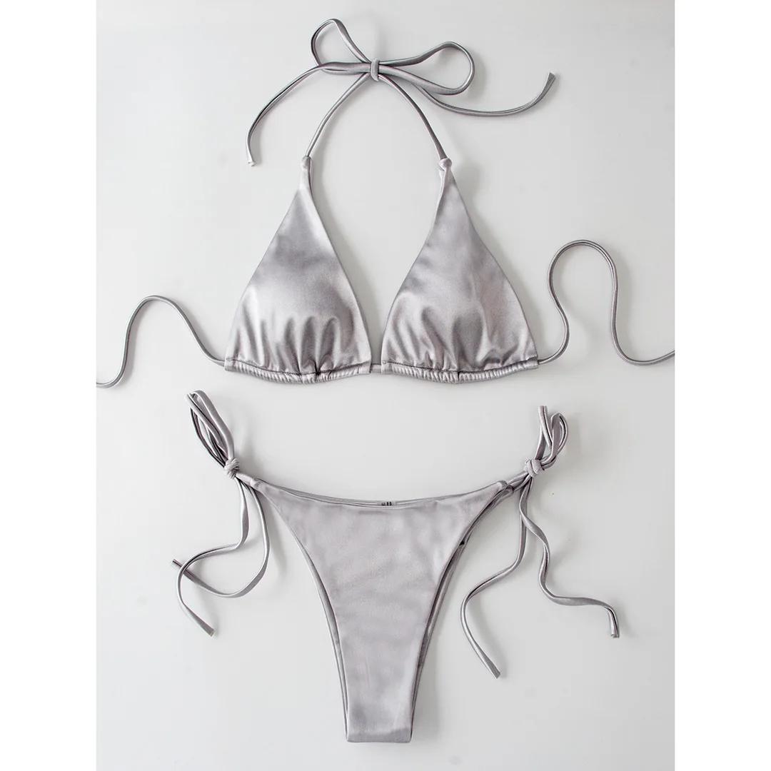 Sexy 13 Farben Neckholder Satin Brasilianischer Bikini Damen Bademode Damen Badeanzug Zweiteiliges Bikini-Set Badesachen Badeanzug Schwimm L graue/silber