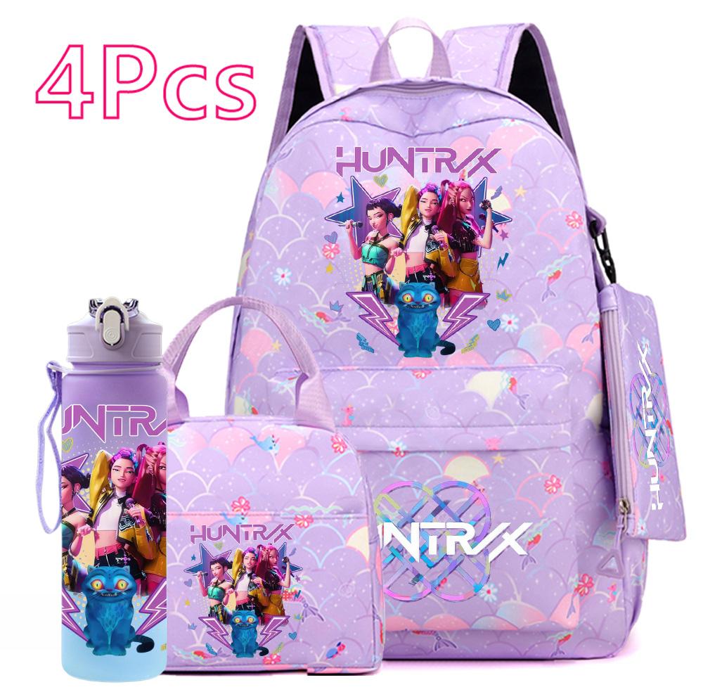 4 Stück/Set Cartoon KPOP Bedruckter Rucksack mit Handtasche Federmäppchen 750 ml Wasserflasche für Teenager Junge Mädchen Große Kapazität Schultasche Schulrucksack Mochila pink