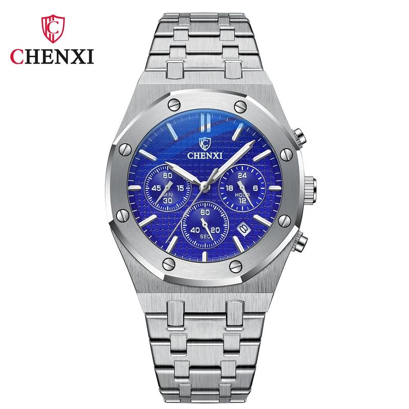 CHENXI Top Luxusmarke Automatisches Datum Armbanduhr Herren Sport Wasserdicht Multifunktions-Chronograph Edelstahl Armbanduhren silber/blau