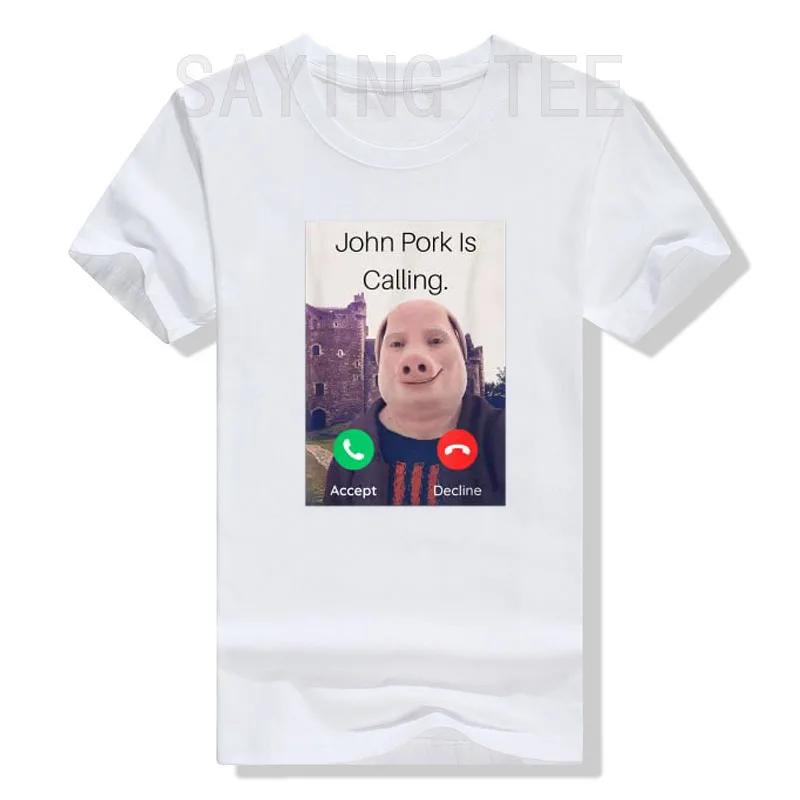 John Pork Is Calling Answer Call Phone T-Shirt Humor Lustiges Schwein Liebhaber Grafik T-Shirt Top Streetwear Mode Kurzarm Outfit Geschenk L weiß