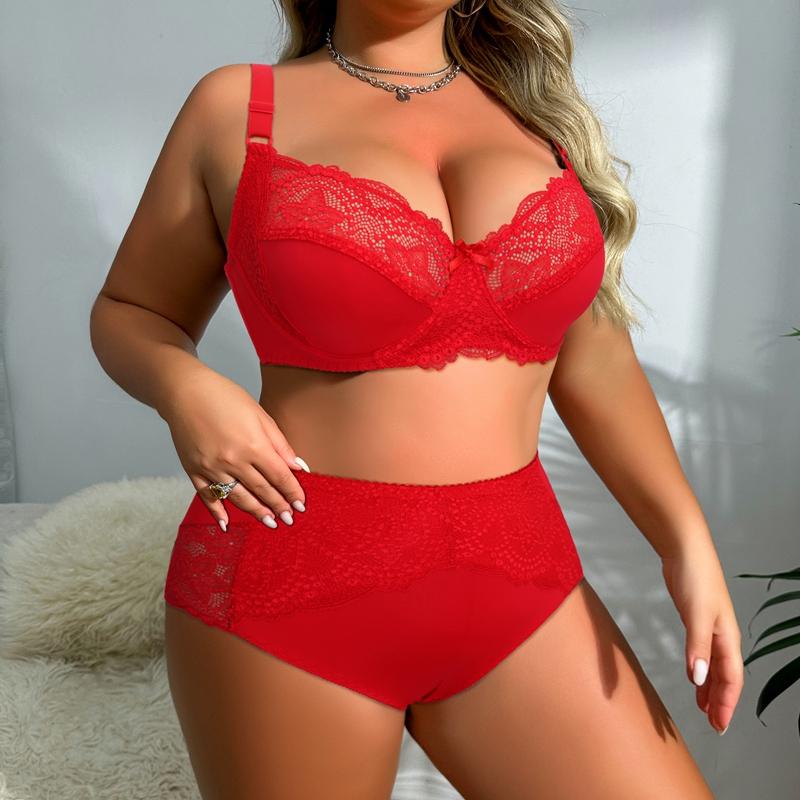 Florale Spitzenwäsche für Damen, BH-Set in Übergröße, D-Cup, XL, 2XL, 3XL, 4XL, 5XL, 6XL, Vollschalen-BHs und ultradünne Unterhosen 110D rot