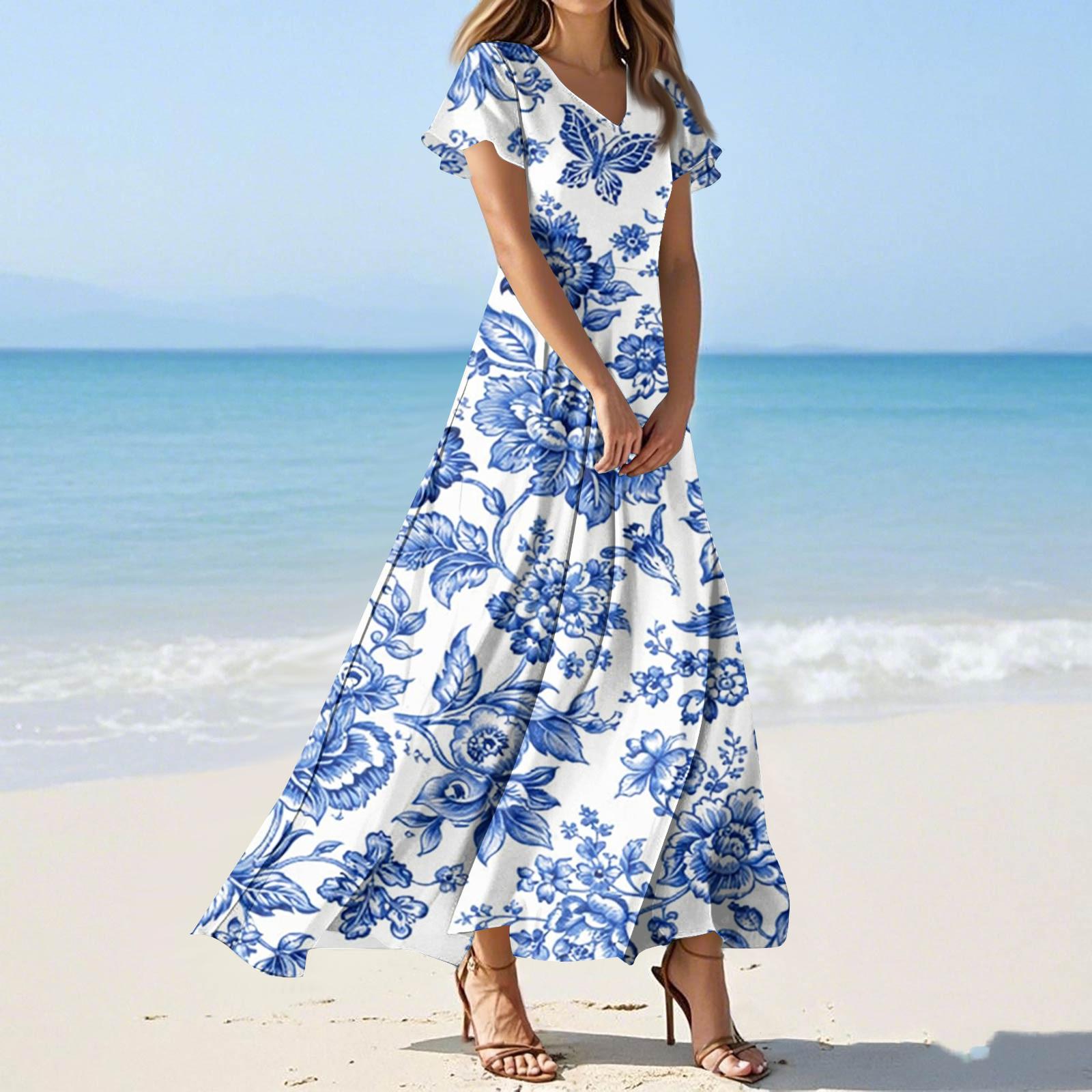 Damen Sommer Casual Fashion Print Farbe Kleider V-Ausschnitt Kurzarm Kleider M blau