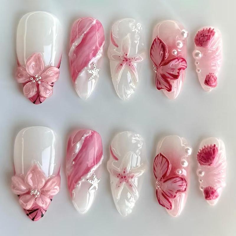 24 Stück Süße Rosa Smudging French Press auf Nägeln Vollabdeckung 3D Blume Seestern Mandel Falsche Nägel für Frauen Mode Schönheit Ins Nagel