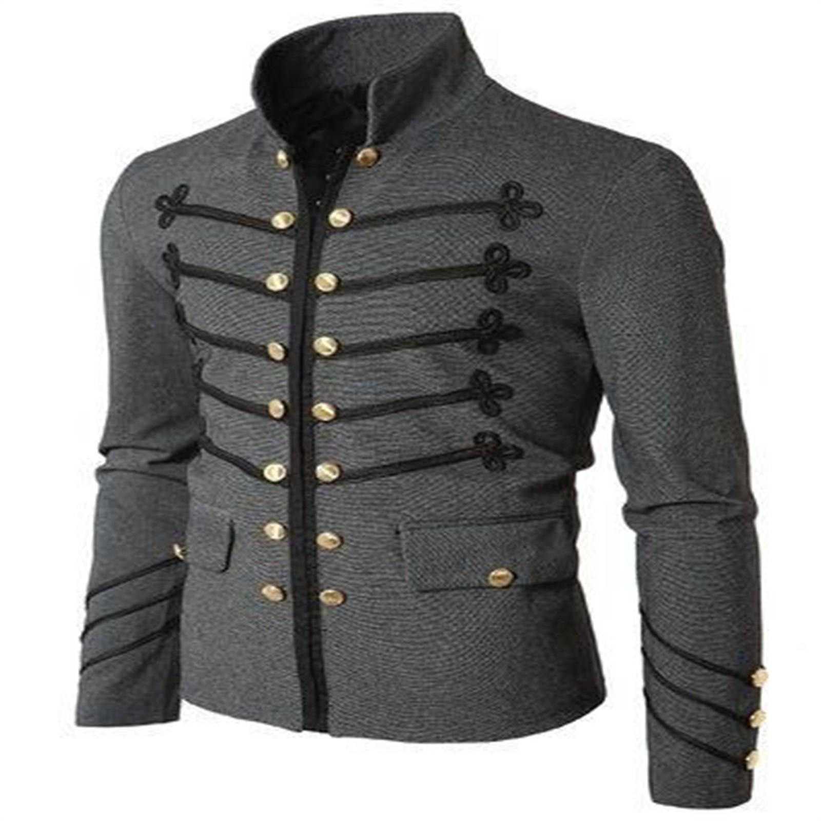 Herren Mantel Jacke Gothic Stickerei Knopf Mantel Uniform Kostüm Praty Outwear XXL schwarz
