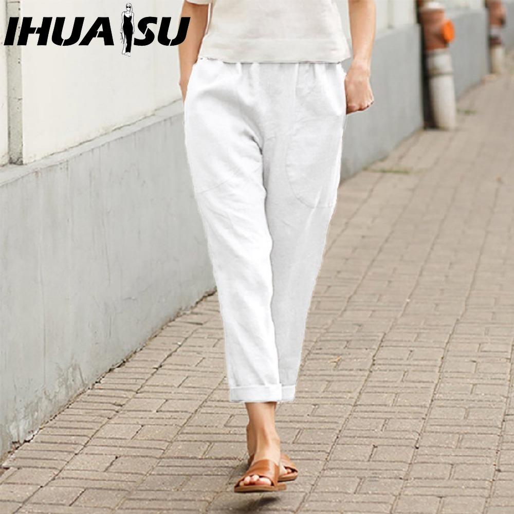 IHUASU Damen Sommer Einfarbig Doppelpattentaschen Hose Locker Lange Hose Weiblich Baumwolle Leinen Hose M weiß