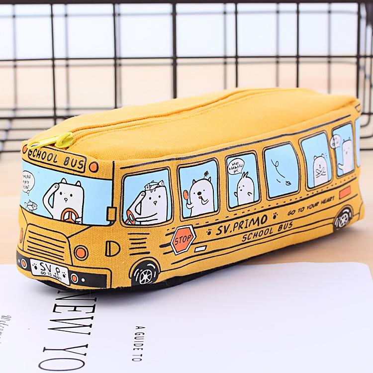 Cartoon-Bus-Bleistiftbeutel, Segeltuch, großes Fassungsvermögen, Auto-Reißverschluss, Stiftmäppchen für Studenten, Schreibwaren, Schulbedarf gelb