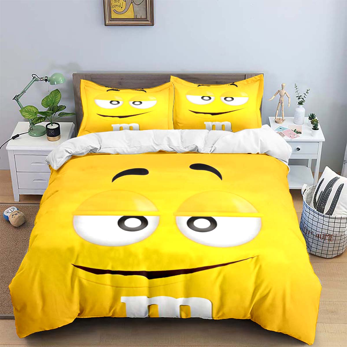 Modische M&M Schokoladen Logo Print Bettwäsche Sets Exquisites Bettwaren Set Bettbezug Bettdecke Set Bettwäsche Set Luxus Geschenk EU Single(135*200cm)3pcs