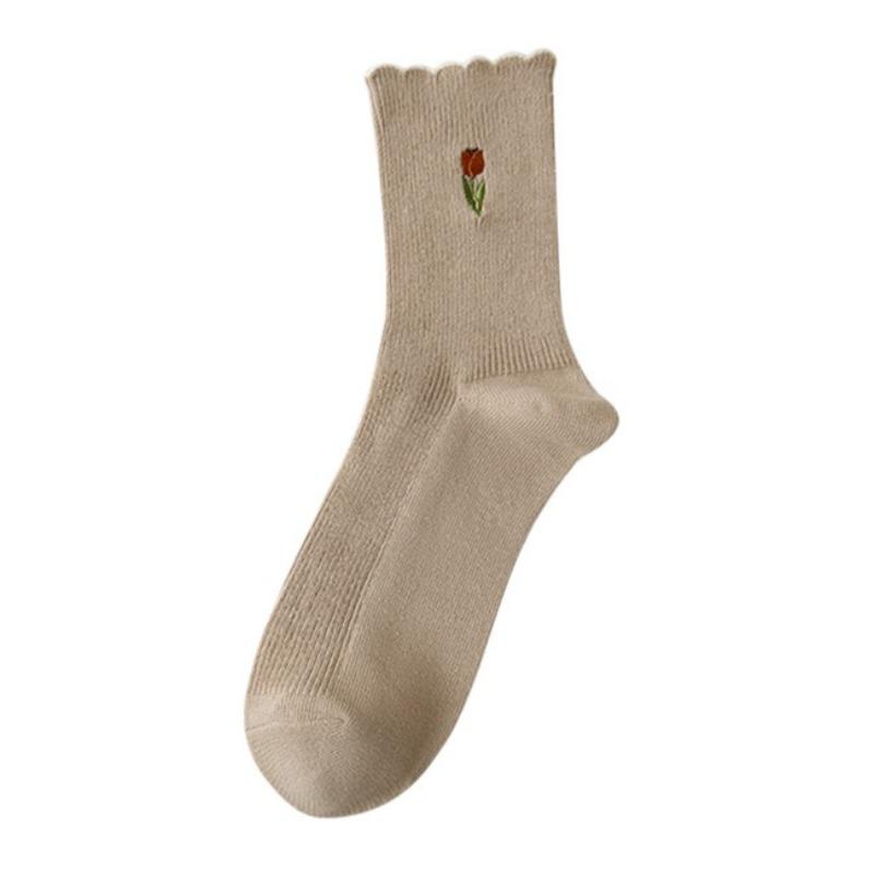 3 Paar Damen Socken Set Frühling und Sommer Dünne Atmungsaktive Rüschenrand Socken Reine Baumwolle Niedliche Damen Weiße Bedruckte Socken 1 pair beige