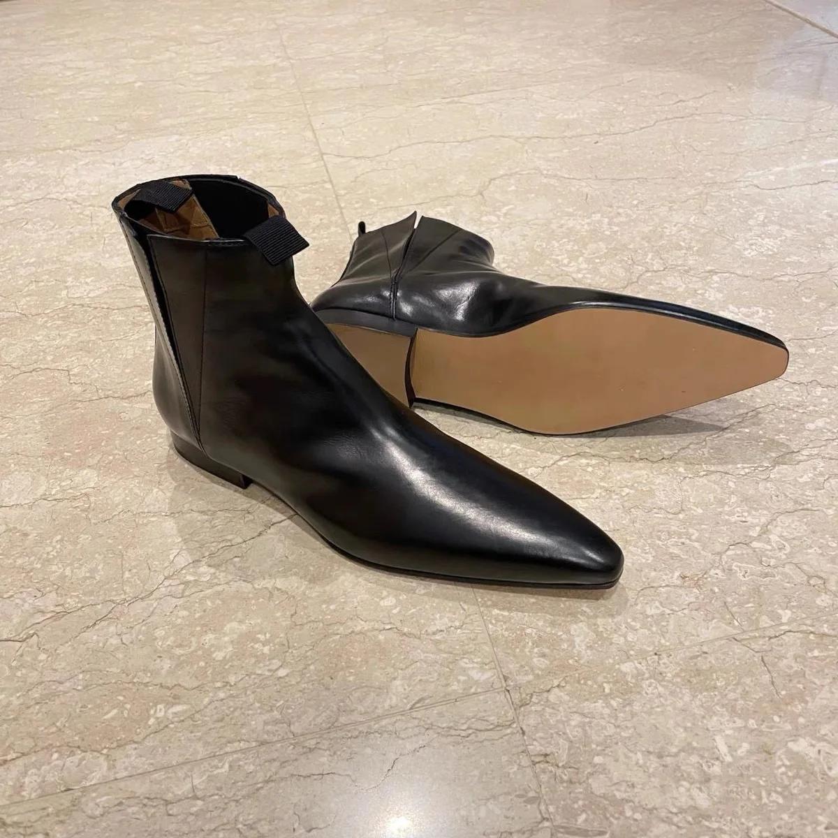 Retro Stiefeletten Damen Herbst/Winter Echtes Leder Spitz Chelsea Boots Damen Flache Barfußschuhe für Damen Dünne Schuhe Damen 35 schwarz