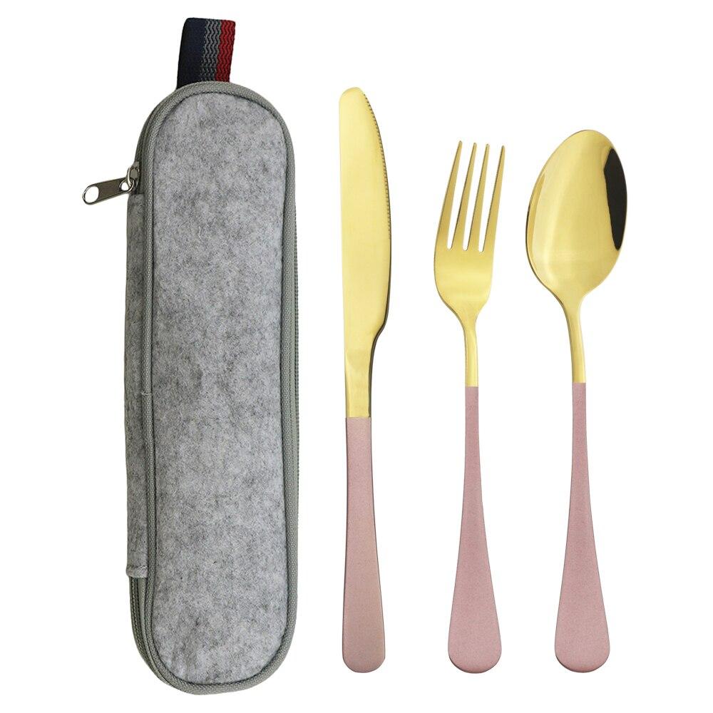 4 Teile/satz Tragbare Edelstahl Geschirr Picknick Camping Geschirr Set Löffel Gabel Messer Set Reise Besteck Geschirr Mit Tasche gold/rosa