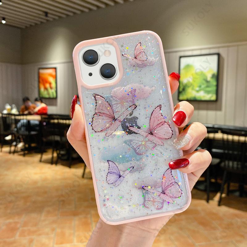 Süße Schmetterlings-klare Telefonhülle für iPhone 16 Plus 15 Pro Max 14 Pro 13 12 Mini-Hüllen Epoxy Soft für iPhone 11 Xr Xs Max X 7 8 Plus Fundas Coque Cover iPhone 13 Pro rosa