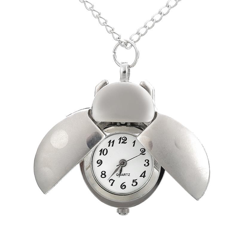 Niedliche Tierkäfer-Taschenuhr-Halskette, Quarz-Shellhard-Marienkäfer-Anhänger mit Kette silber