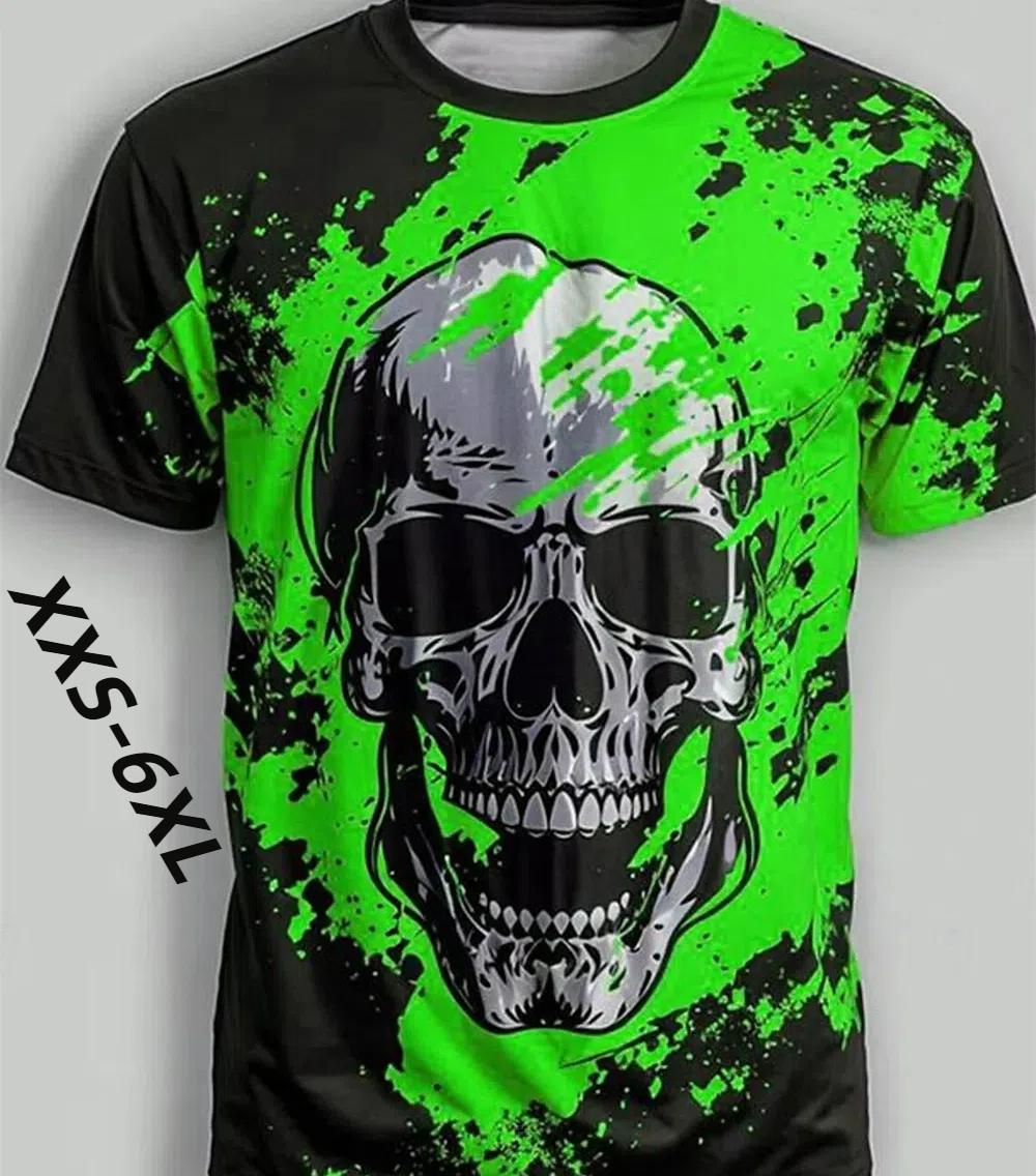 T-Shirt in Übergrößen (XXS-6XL) für Herren, lässiger Vintage-Stil mit 3D-Totenkopf-Print, Kurzarm, Sommer-Oberteil, Outdoor-Bekleidung für Herren. 3XL green
