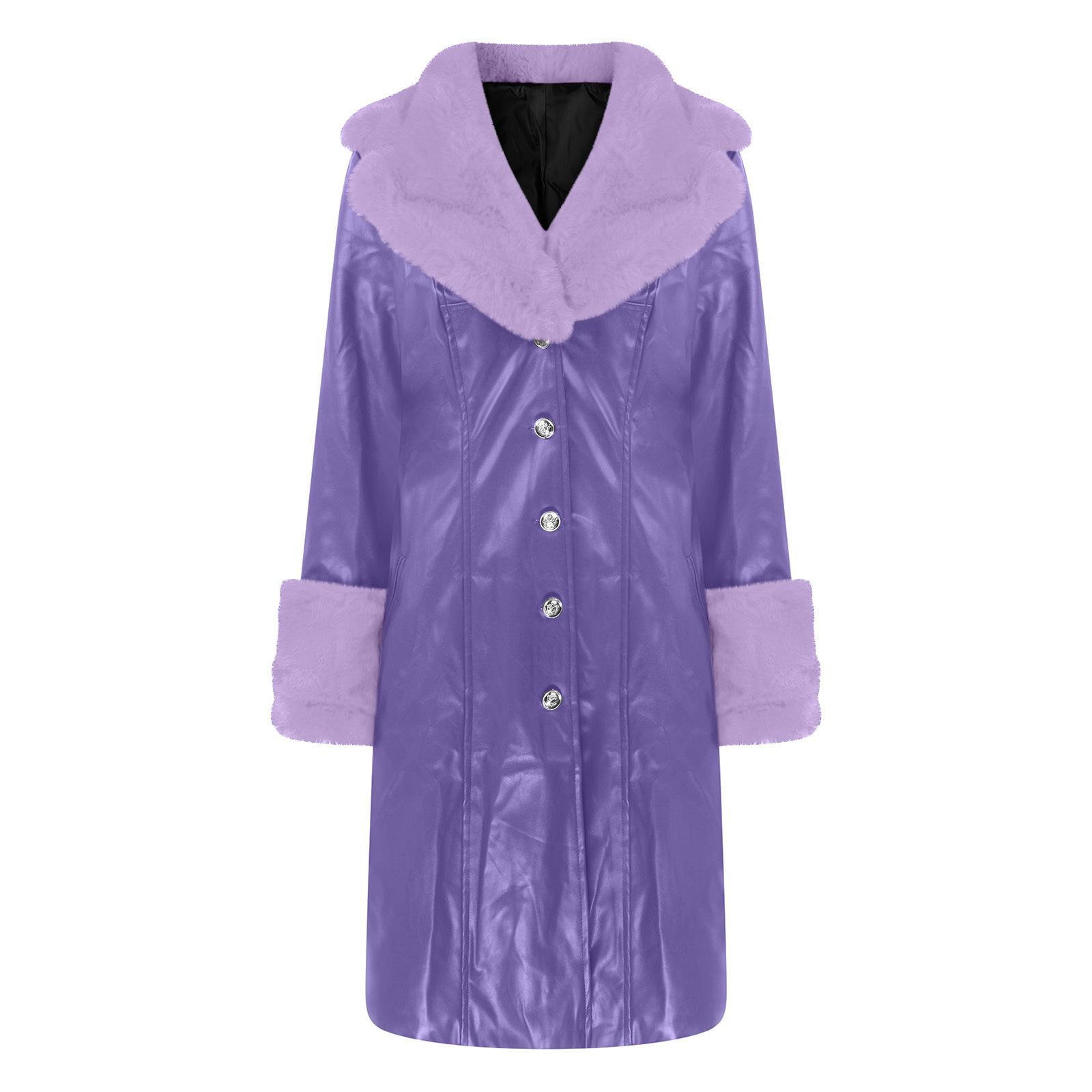 Frauen Mantel Mode Lässig Einfarbig Langarm Pu Leder Pelz Umlegekragen Reißverschluss Warme Herbst Winter XXXXXL violett