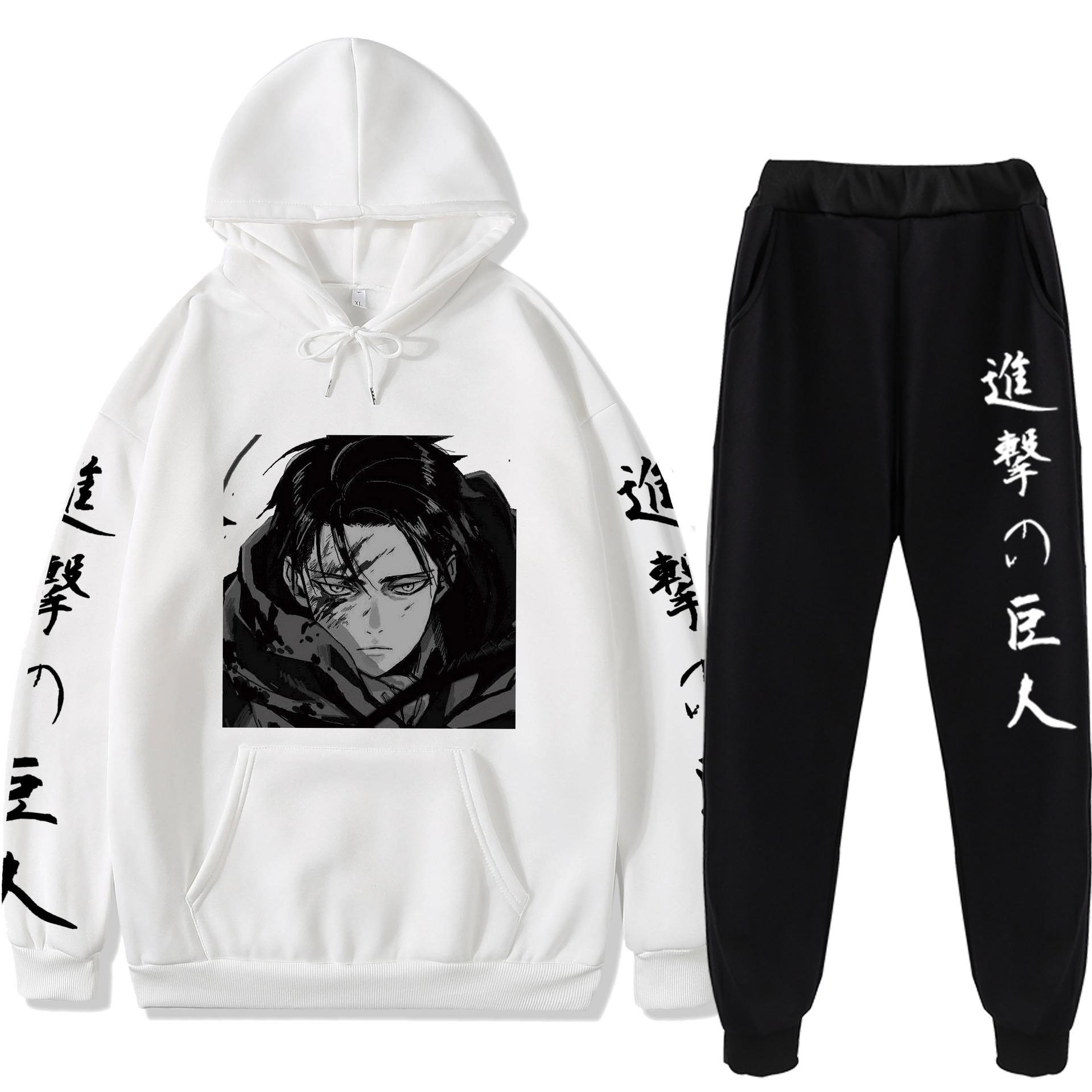 Plus Größe Angriff Riesen Hoodies Hosen Sets Anime Anzug Sweatshirt Streetwear Männer Pullover Anzug Trainingsanzug Sportwear Frühling Herbst 2XL weiß