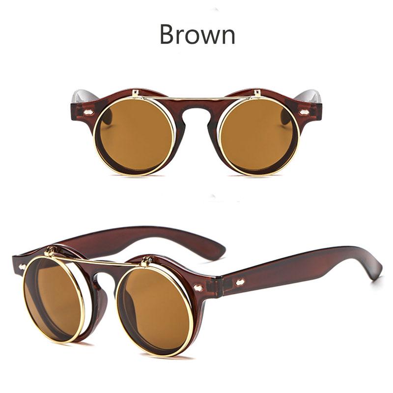 Herren Vintage Steampunk-Brille, Unisex, klassische Brille, Damen-Retro-Brille, hochklappbare runde Sonnenbrille brown